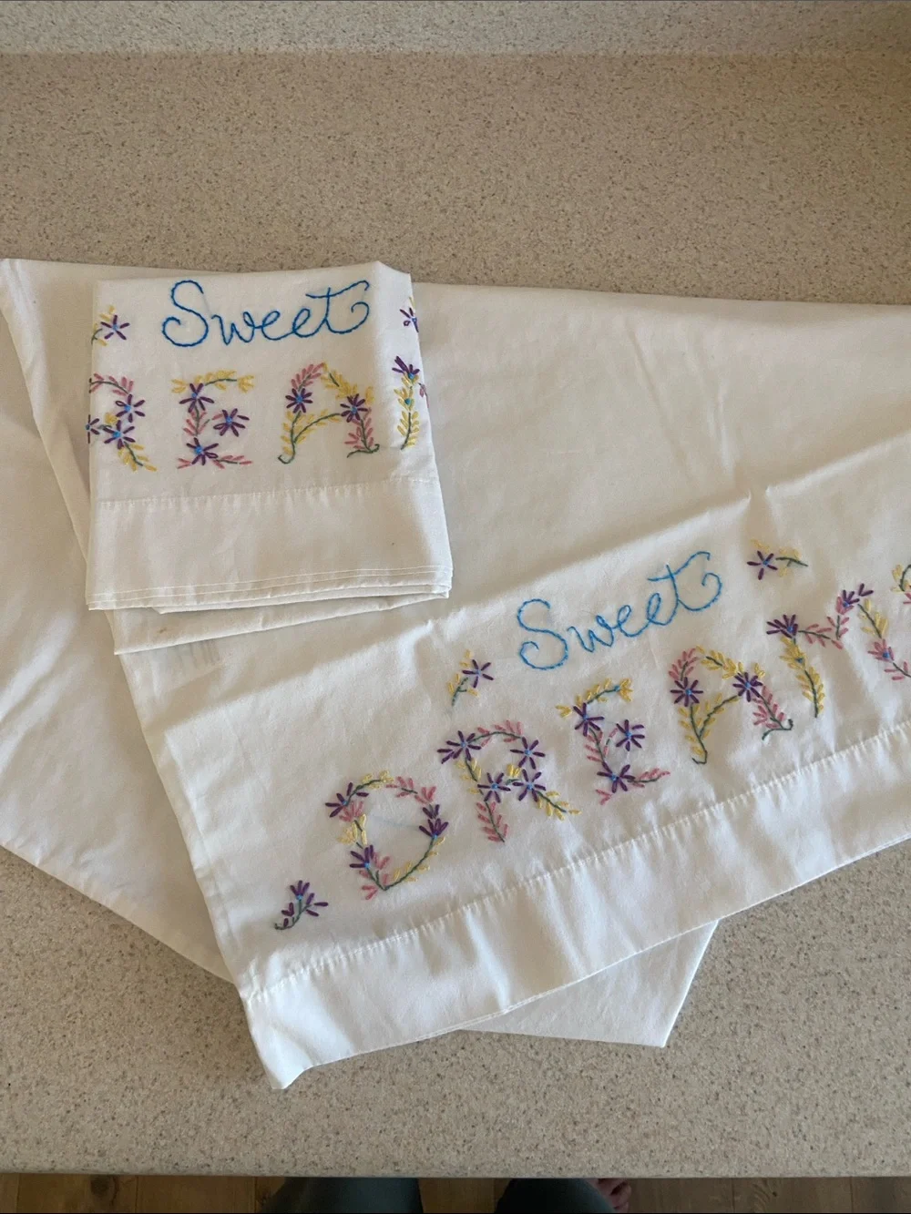 Vintage Hand Embroidered Sweet Dreams Pillowcases Pair